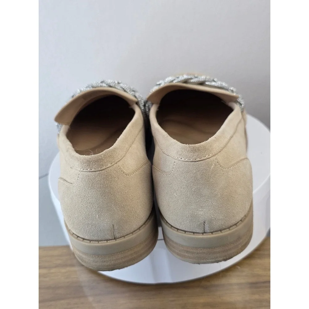 Gianni Bini Tan Suede Rhinestone Braided Chain Loafers 7M Beige Leather Slip On